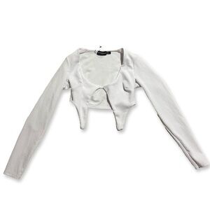 PLT white cutout detail crop top | scoop neck long sleeve rib knit white top NWT